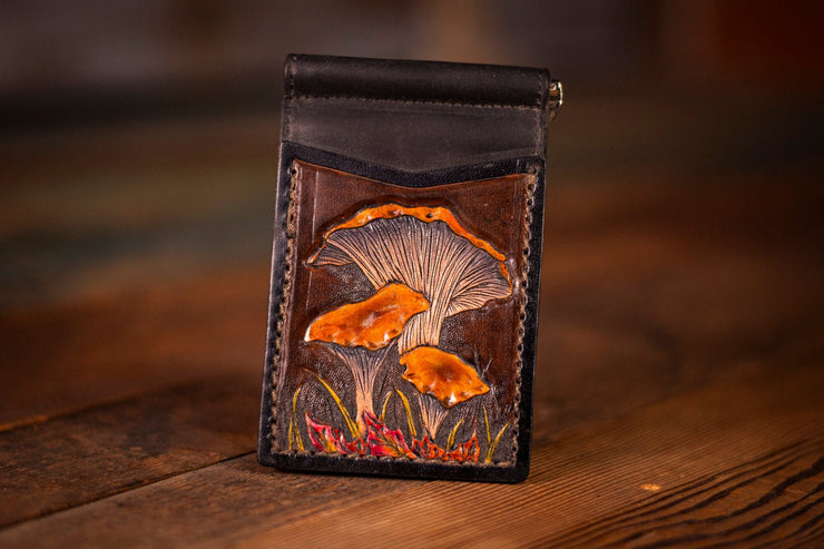 Handcrafted Leather Money Clip Wallet - Wild Chanterelle Mushrooms Design for Foragers and Nature Enthusiasts - Lotus Leather