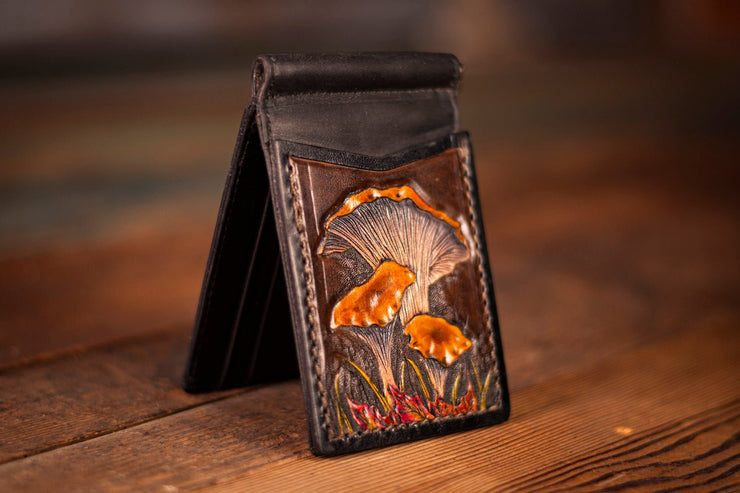 Handcrafted Leather Money Clip Wallet - Wild Chanterelle Mushrooms Design for Foragers and Nature Enthusiasts - Lotus Leather