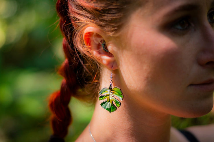 Handcrafted Leather Monstera Leaf Earrings - Green or Variegated - Plant Lady - Inspired Jewelry - Lotus Leather