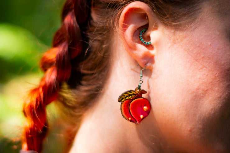 Handcrafted Leather Peach Earrings - Fruit - Inspired Artisan Jewelry - Available in Two Sizes - Lotus Leather