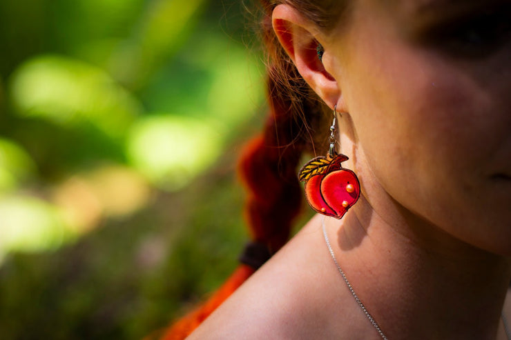 Handcrafted Leather Peach Earrings - Fruit - Inspired Artisan Jewelry - Available in Two Sizes - Lotus Leather