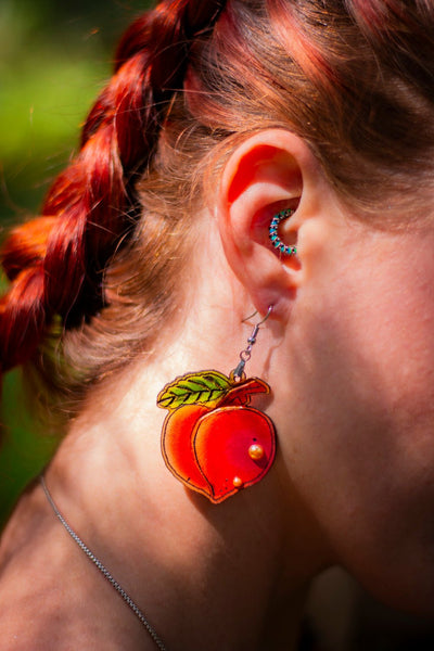 Handcrafted Leather Peach Earrings - Fruit - Inspired Artisan Jewelry - Available in Two Sizes - Lotus Leather