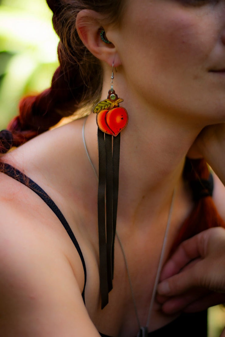 Handcrafted Leather Peach Earrings with Long Fringe - Boho Fruit - Inspired Artisan Jewelry - Brown or Black Fringe Options - Lotus Leather