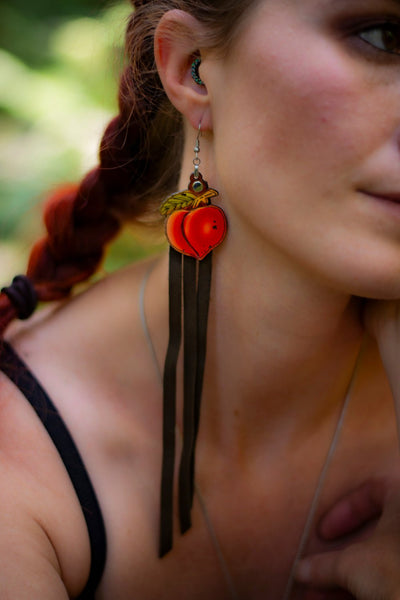 Handcrafted Leather Peach Earrings with Long Fringe - Boho Fruit - Inspired Artisan Jewelry - Brown or Black Fringe Options - Lotus Leather