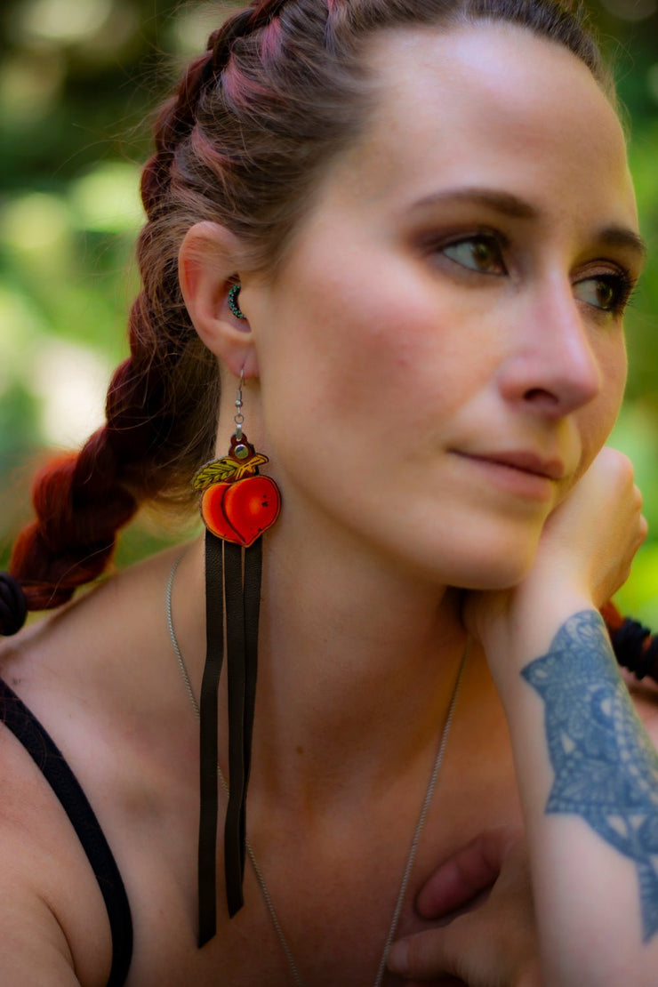 Handcrafted Leather Peach Earrings with Long Fringe - Boho Fruit - Inspired Artisan Jewelry - Brown or Black Fringe Options - Lotus Leather