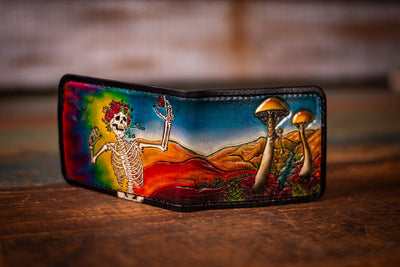 Handcrafted Leather Wallet with Bertha Skeleton & Giant Mushroom Landscape - Psychedelic Rock Enthusiast Design - Lotus Leather