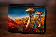 Handcrafted Leather Wallet with Bertha Skeleton & Giant Mushroom Landscape - Psychedelic Rock Enthusiast Design - Lotus Leather