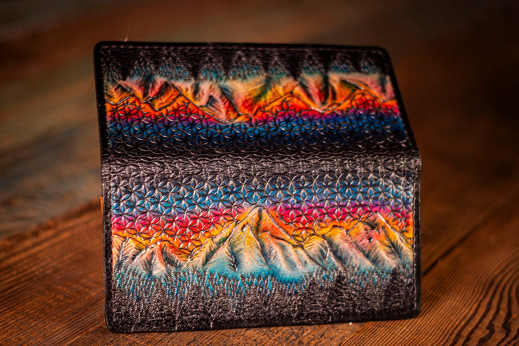 Handcrafted Long Leather Wallet - Freehand Carved Mountain Scene with Flower of Life Sunset - Lotus Leather