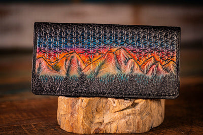 Handcrafted Long Leather Wallet - Freehand Carved Mountain Scene with Flower of Life Sunset - Lotus Leather