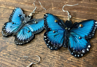 Handmade Leather Blue Morpho Butterfly Earrings - Lotus Leather