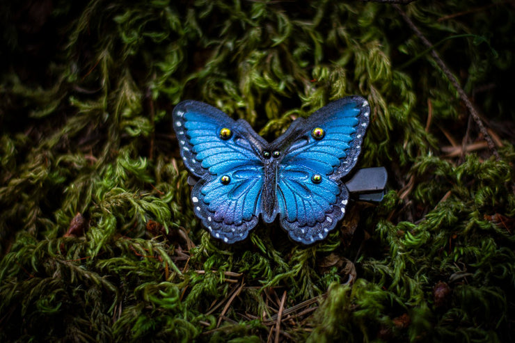 Handmade Leather Blue Morpho Butterfly Hair/ Hat Clip - Lotus Leather