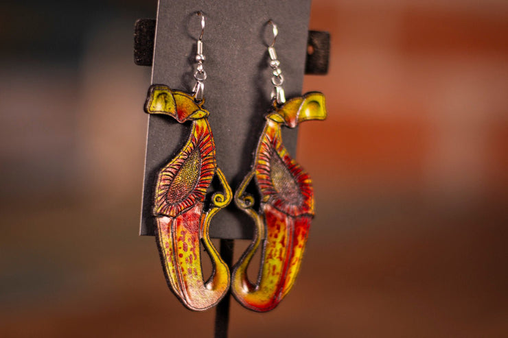 Handmade Leather Carnivorous Plant Earrings - Pitcher Plant Design - Variegated Red or Green Statement Earrings - Lotus Leather