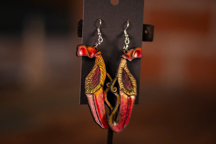 Handmade Leather Carnivorous Plant Earrings - Pitcher Plant Design - Variegated Red or Green Statement Earrings - Lotus Leather