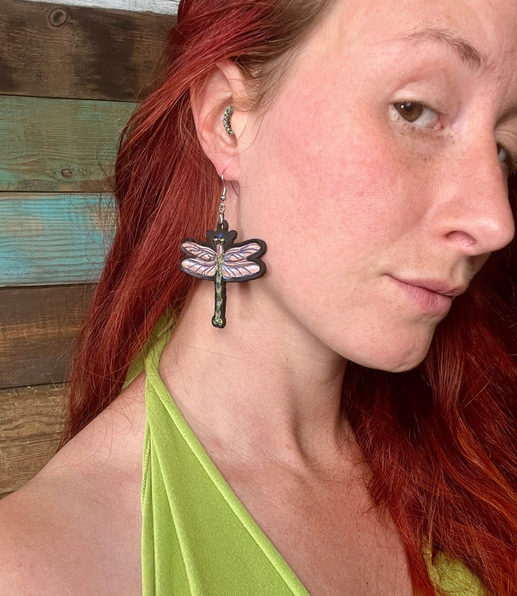 Handmade Leather Dragonfly Earrings - Lotus Leather