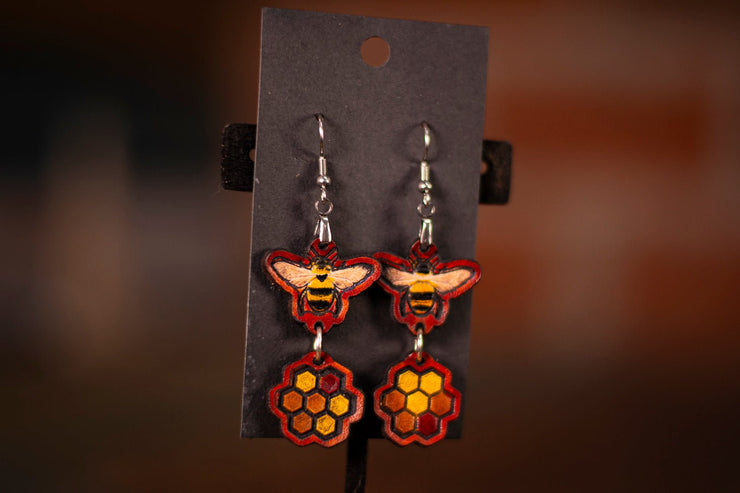 Handmade Leather Honeybee and Honeycomb Earrings - Nature - Inspired Dangling Earrings - Lotus Leather