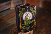 Handmade Leather Journal - Moonlit Fern Forest Scene with Glow - in - the - Dark Moon - Unlined Art Paper (Black or White) - Lotus Leather