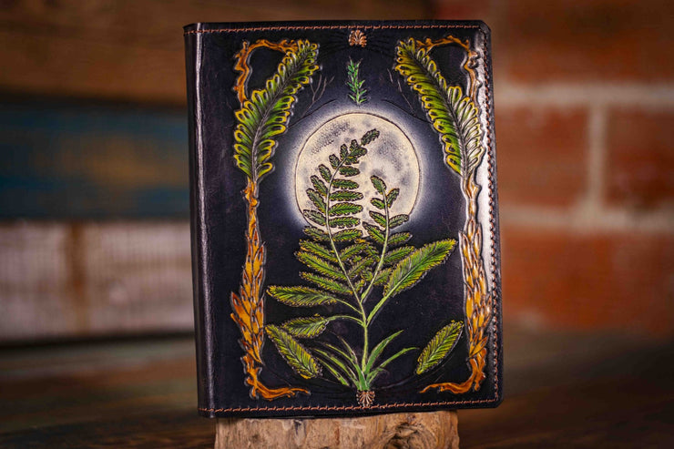 Handmade Leather Journal - Moonlit Fern Forest Scene with Glow - in - the - Dark Moon - Unlined Art Paper (Black or White) - Lotus Leather