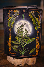 Handmade Leather Journal - Moonlit Fern Forest Scene with Glow - in - the - Dark Moon - Unlined Art Paper (Black or White) - Lotus Leather