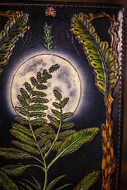 Handmade Leather Journal - Moonlit Fern Forest Scene with Glow - in - the - Dark Moon - Unlined Art Paper (Black or White) - Lotus Leather