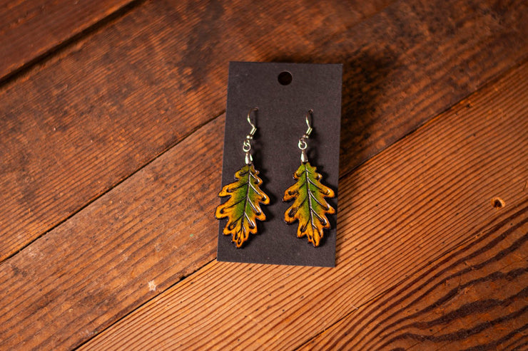 Handmade Leather Oak Leaf Earrings - Green/Gold or Red/Orange Fall - Inspired Earrings for Nature Lovers - Lotus Leather