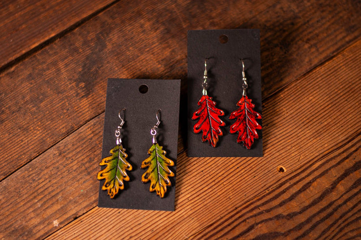 Handmade Leather Oak Leaf Earrings - Green/Gold or Red/Orange Fall - Inspired Earrings for Nature Lovers - Lotus Leather