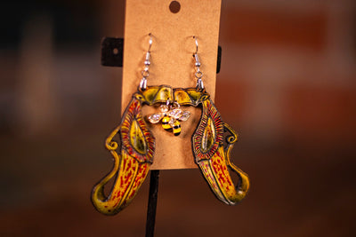 Handmade Leather Pitcher Plant Earrings with Dangling Honeybee Bead - Carnivorous Plant and Nature - Inspired Jewelry - Lotus Leather