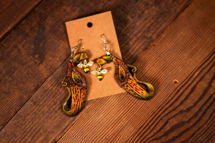 Handmade Leather Pitcher Plant Earrings with Dangling Honeybee Bead - Carnivorous Plant and Nature - Inspired Jewelry - Lotus Leather