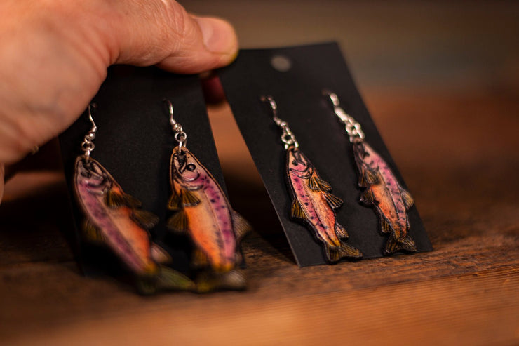 Handmade Leather Salmon Fish Earrings - Shimmery Silver - Pink with Green Fins - Small and Large Sizes for Nature Lovers - Lotus Leather