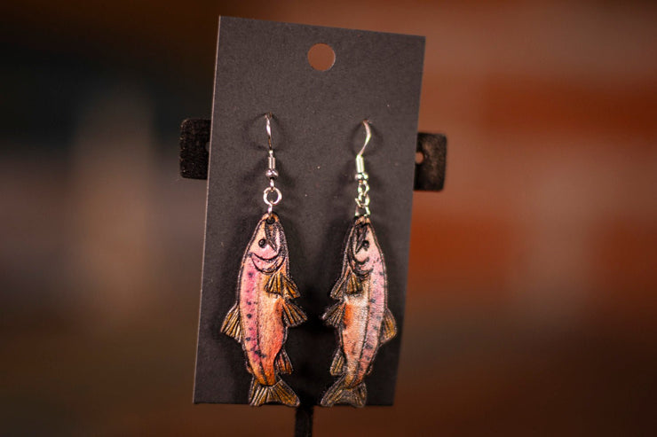 Handmade Leather Salmon Fish Earrings - Shimmery Silver - Pink with Green Fins - Small and Large Sizes for Nature Lovers - Lotus Leather