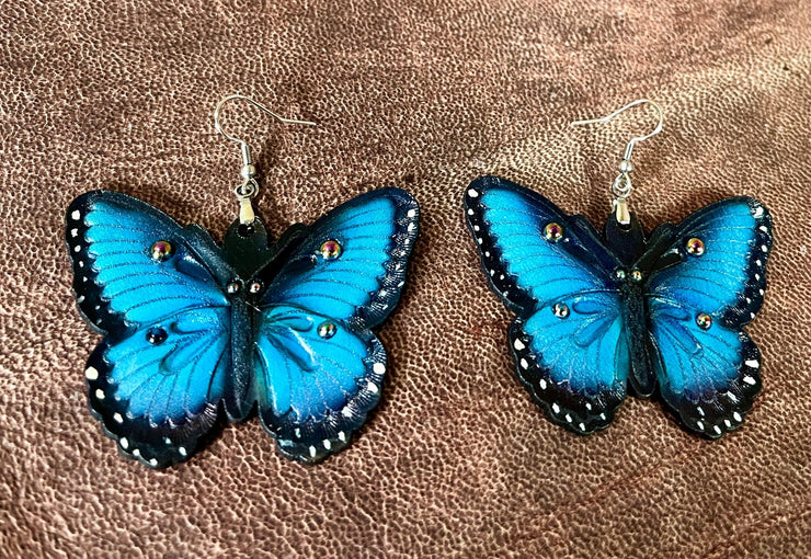 Handmade Tooled Leather Blue Morpho Butterfly Earrings - Lightweight Statement Jewelry with Iridescent Gems - Lotus Leather