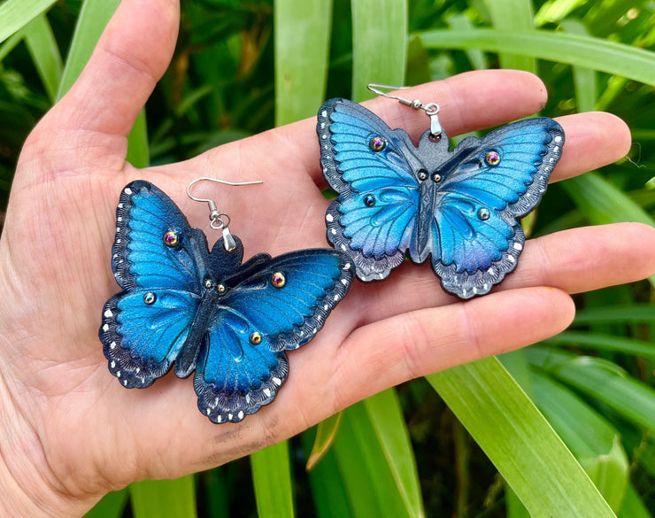 Handmade Tooled Leather Blue Morpho Butterfly Earrings - Lightweight Statement Jewelry with Iridescent Gems - Lotus Leather