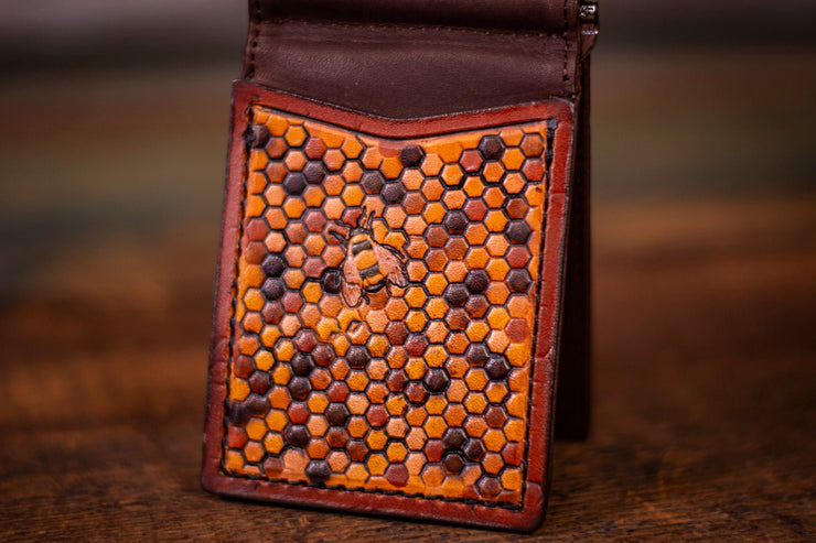 Honeycomb Harmony - Bee Design Leather Money Clip Wallet - Warm Brown Interior - Lotus Leather