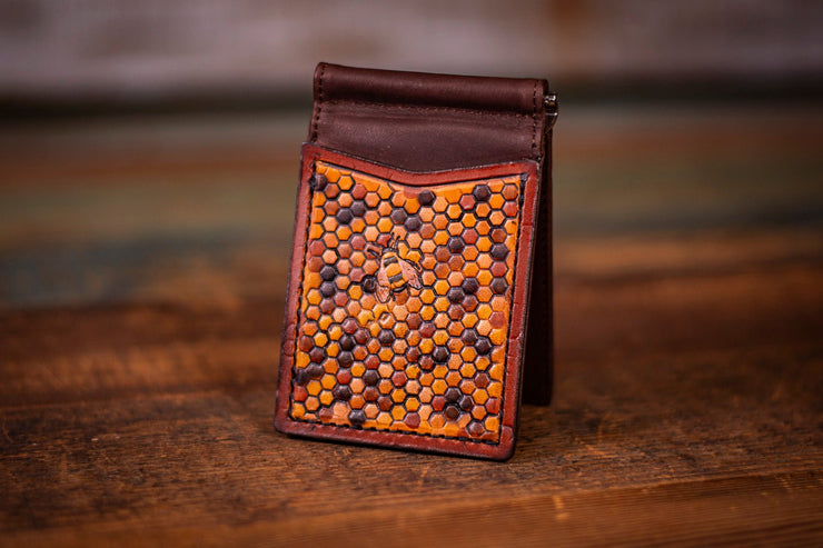 Honeycomb Harmony - Bee Design Leather Money Clip Wallet - Warm Brown Interior - Lotus Leather