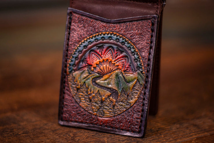 Mountain Mandala - Hand-Carved Leather Money Clip Wallet - Scenic Nature Design - Lotus Leather
