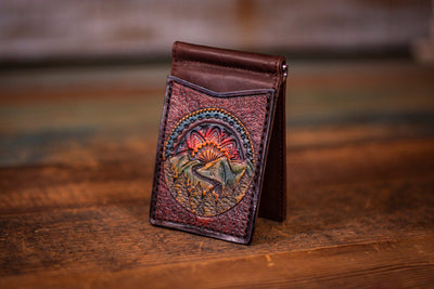 Mountain Mandala - Hand-Carved Leather Money Clip Wallet - Scenic Nature Design - Lotus Leather