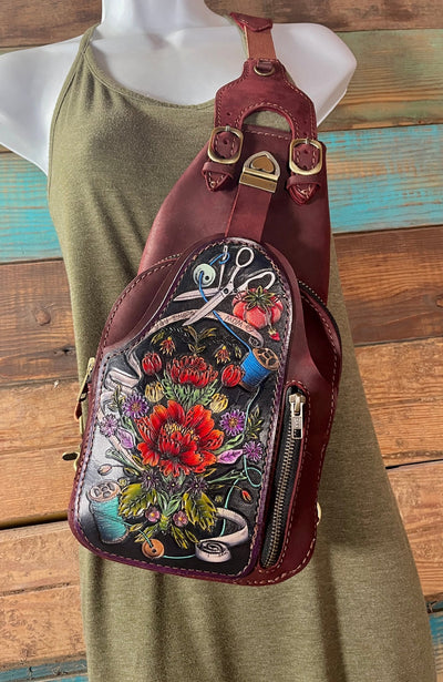 One - Of - A - Kind Tooled Leather Crossbody Sling Bag For Mom - Floral Seamstress Design - Lotus Leather