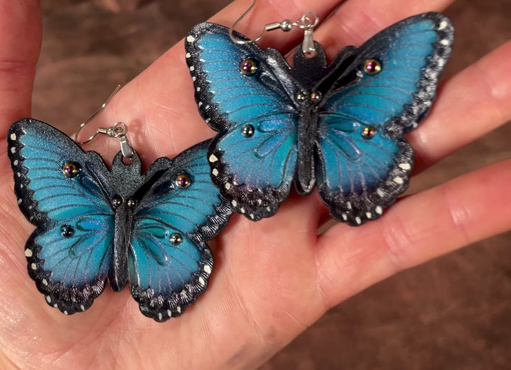 Handmade Tooled Leather Blue Morpho Butterfly Earrings - Lightweight Statement Jewelry with Iridescent Gems