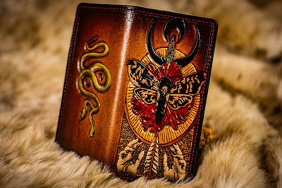 2-Headed Snake and Death's-Head Hawkmoth - Women's - Tooled Leather Wallet - Lotus Leather