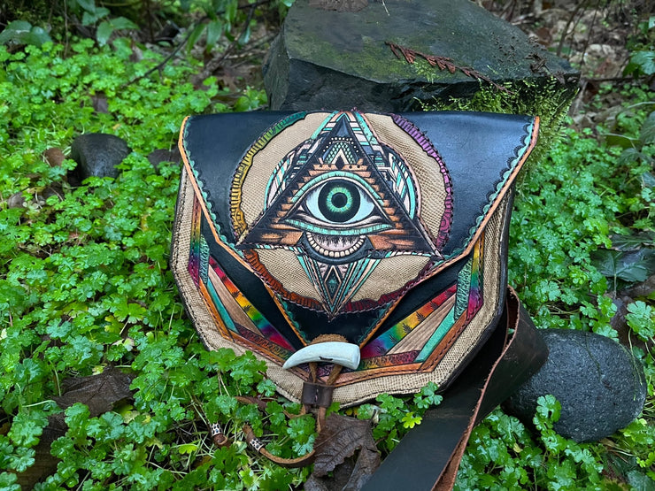 All-Seeing Eye Pyramid - Hand Tooled Leather Expandable Belt Bag - Lotus Leather
