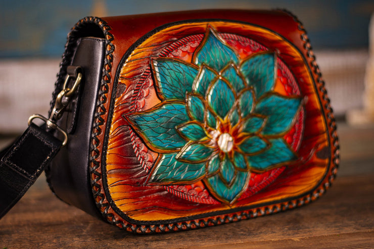 Artisan-Crafted Leather Handbag with Geometric Lotus Carving and Abalone Inlay - Lotus Leather
