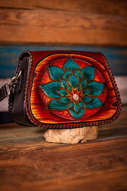 Artisan-Crafted Leather Handbag with Geometric Lotus Carving and Abalone Inlay - Lotus Leather