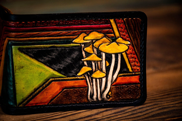 Azurescen Mushrooms - Retro Patchwork - Tooled Leather Wallet - Lotus Leather