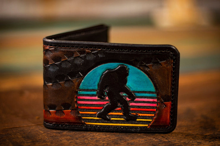 Bigfoot at Sunset - Retro Pattern - Tooled Leather Wallet - Lotus Leather
