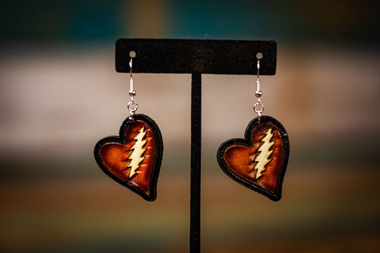 Bolt and Heart - Tooled Leather Earrings - Lotus Leather