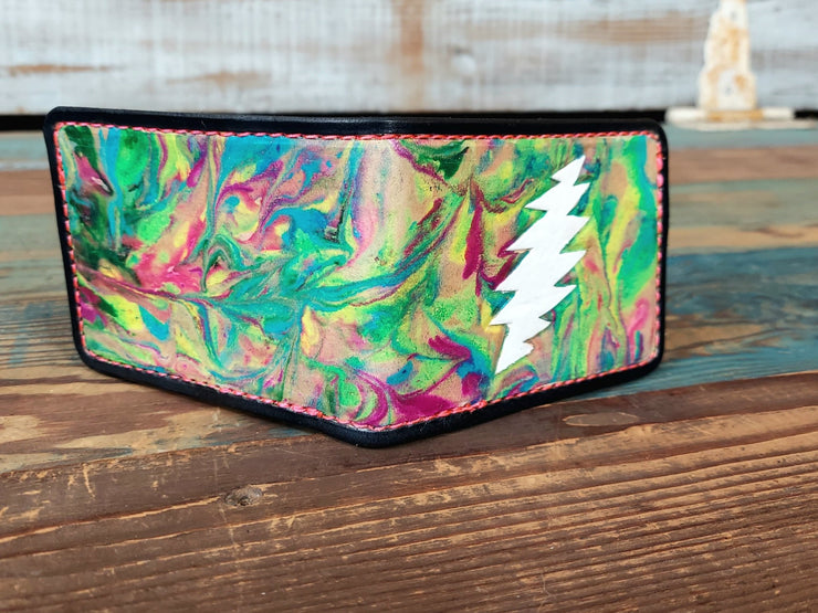 Bolt - Tie Dye - Dead Themed - Tooled Leather Wallet - Lotus Leather