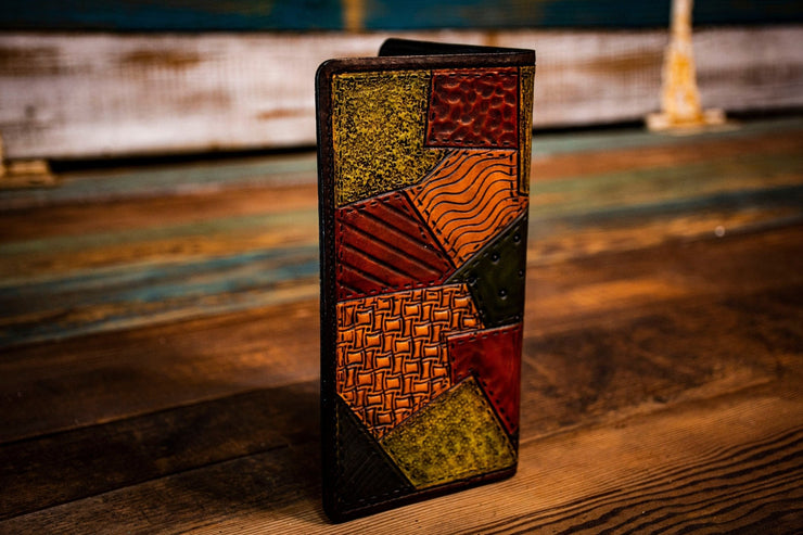 Cannabis Bud - Patchwork - Tooled Long Leather Wallet - Lotus Leather
