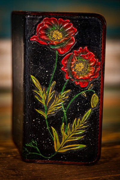 Cosmic Poppies - Women's - Tooled Long Leather Wallet with Coin Pouch - Lotus Leather