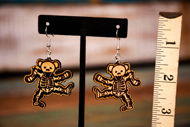 Dead Themed - Dancing Bear Skeleton - Hand Painted - Leather Earrings - Lotus Leather