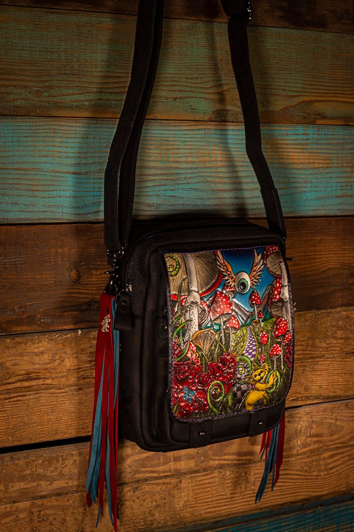 Dead-Themed Leather Crossbody Messenger Bag with Magical Wonderland Design - Lotus Leather