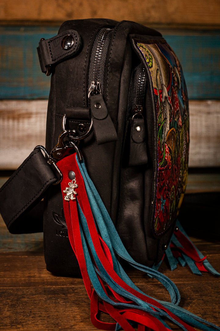 Dead-Themed Leather Crossbody Messenger Bag with Magical Wonderland Design - Lotus Leather